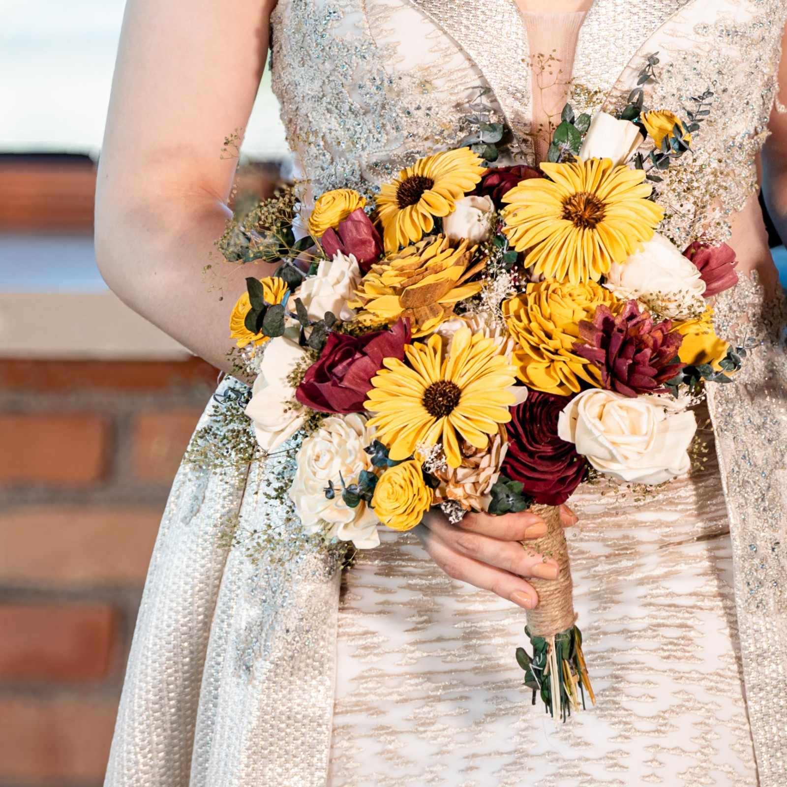 Roses and sunflowers hotsell bridal bouquet, keepsake bouquet, sola wood flower