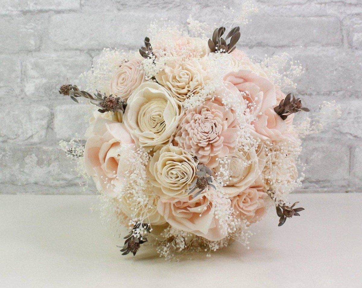 Peach and Pink Cabbage Roses, Succulents, Baby Breath silk flower bouquet.  — Holly's Wedding Flowers